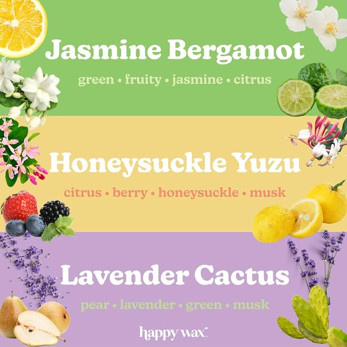 Happy Wax Spring Mix Premium Scented Natural, Non Toxic Soy Wax Melts – 6 Total Oz. of Scented Wax Melts. Includes Jasmine Bergamot, Honeysuckle Yuzu, and Lavender Cactus