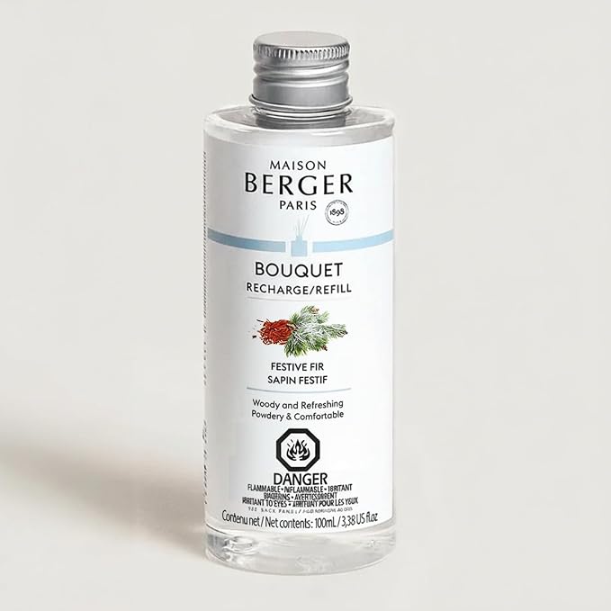 MAISON BERGER Reed Diffuser Bouquet, 100 ml, Festive Fir | Clear Glass Bottle, 8 Reed Sticks, 100 ml Refill, Up to 6-Week Passive Diffusion, No Flame, Made in France