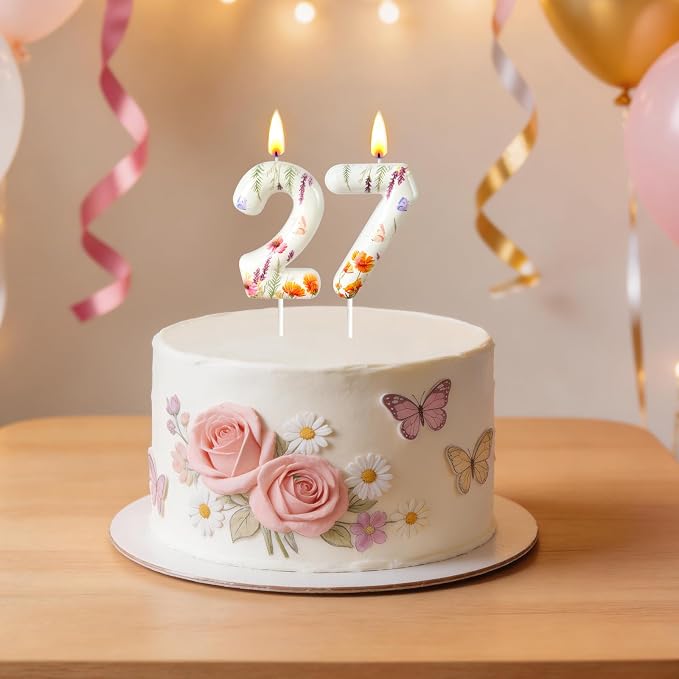 Number 7 Birthday Candle for Cake – Floral Botanical Design with Butterfly Detail – Elegant Cake Topper for Birthday, Garden Party Decoration