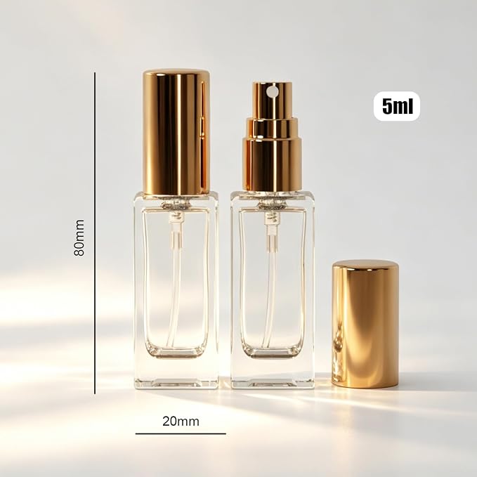5PCS 5ml Glass Travel Refillable Perfume Bottle,Small Empty Cologne Atomizer with Dispenser Tools, Mini Pocket Spray Bottles For Toiletries and Smple Containe (Golden Cap 5p)