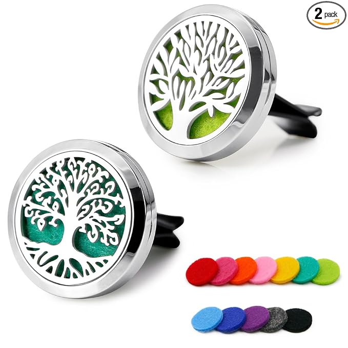 RoyAroma Car Air Freshener, 2PCS 30mm Car Aromatherapy Essential Oil Diffuser Stainless Steel Cars Diffuser with Vent Clip 12 Felt Pads