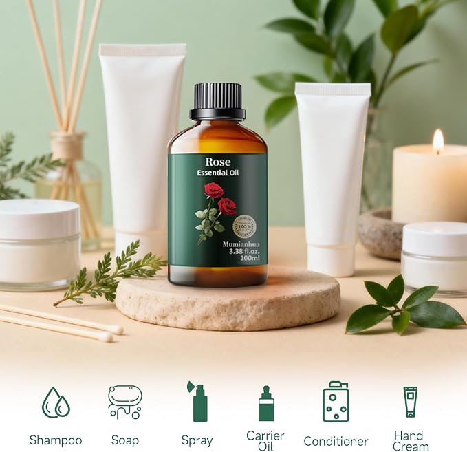 Rose Essential Oil, Pure Mumianhua Natural Floral Oil for Self-Care & Skincare, Aromatherapy for Diffuser, Hair, Massage, Cologne, Soap & Candle Making – 3.38 Fl Oz