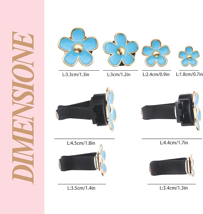 ORIESSE 4pcs Flowers Air Vent Clips Car Air Freshener,Girly Flowers Car Accessories for Women,4 Sizes Light Blue Daisy Flower Car Vent Clips Cute Car Decor,Refillable Car Diffuser