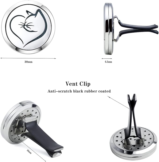 Essential Oil Car Diffuser Vent Clips (Oil Not Included) Stainless Steel Love Cat Car Accessories for Women with 10 Replacement Pads
