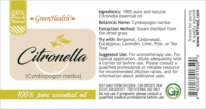 Citronella Essential Oil - 1 Gallon - Plastic Jug - 100% Pure & Uncut - GreenHealth