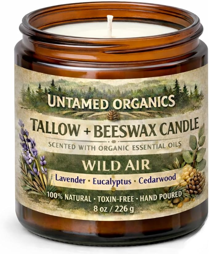 Untamed Organics Grass-Fed Tallow Candle, Essential Oil Scented (Lavender Eucalyptus Cedarwood), No Synthetic Fragrance, Non-Toxic, 100% Cotton Wick, Hand Poured, 8 oz Amber Glass Jar, 50+ Hr Burn