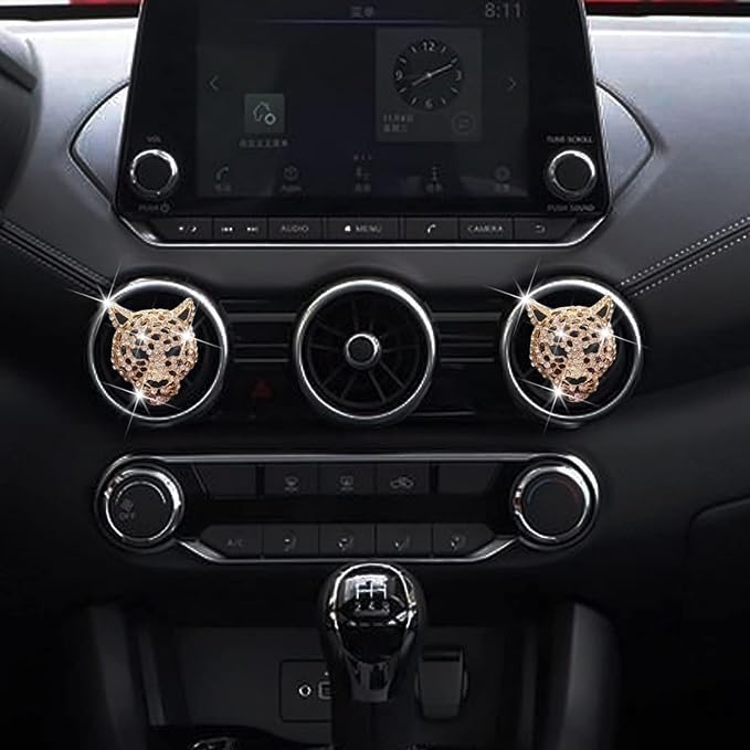 2 Pcs Bling Leopard Air Vent Clips, Crystal Leopard Car Air Fresheners Vent Clips Car Diffuser Vent Clip Rhinestone Decoration Interior Decor Diamond Bling Accessories for Women (Golden)