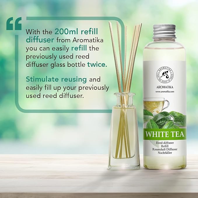 Refill Reed Diffuser White Tea 6.8 Fl Oz (200 ml) - with White Tea Essential Oil - Good Mood - Home Fragrance - Warm Scent - Air Freshener for Bathroom Bedroom Kitchen - Aromatherapy - Nice Smell