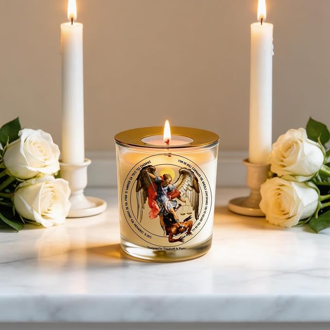 San Miguel Arcángel St. Archangel Michael Prayer Candle 50 Hours with Warmer Ring│Hand-Poured Soy Wax│Protection from Terror, Evil Banishing, Spiritual Warrior, Energetic, Defender│3“×3.6”