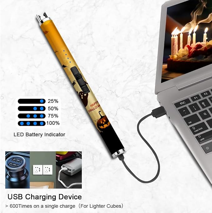 SUPRUS Electric Candle Lighter USB Type C Rechargeable Lighter with Upgraded LED Battery Display Safety Switch Flameless Plasma Windproof for Candle Cooking BBQs Fireworks (Halloween)