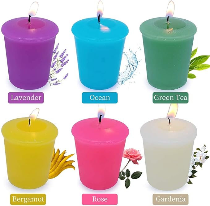 15 Hours Scented Votive Candles, 12 Packs Variety Colored Aroma Votives - Rose, Lavender, Gardenia, Bergamot, Green Tea, Ocean