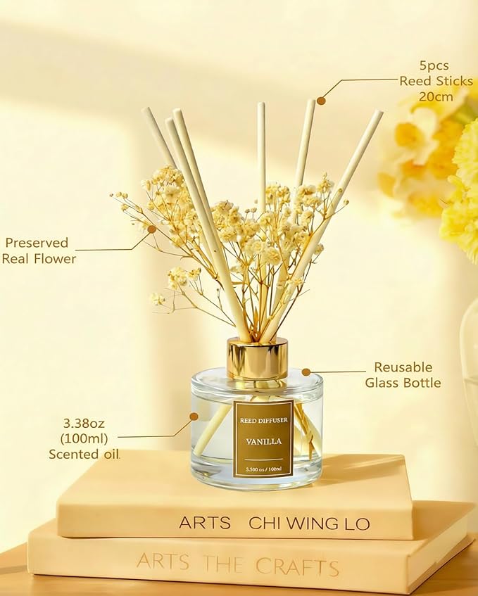 Reed Diffuser Set-Vanilla Scent Fragrance Oil Diffuser with 6 Reed Sticks | Home & Bedroom Bathroom Decor,3.38 fl oz (100ml)