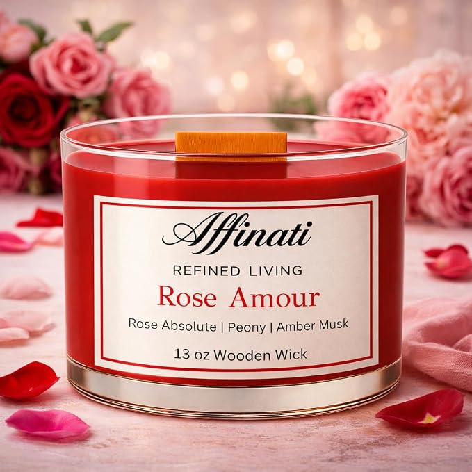 Affinati Rose Amour 3-Wick Wood Candle Bowl, 13 oz – Elegant Aesthetic Crackling Home Decor Centerpiece, Highly Scented Rose Soy Candle