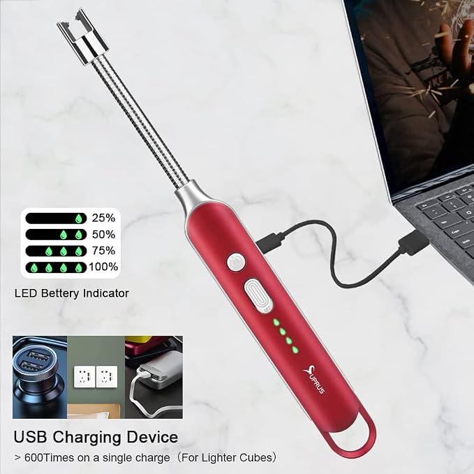 SUPRUS Electric Rechargeable Arc Lighter with LED Battery Display Long Flexible Neck USB Lighter for Candle Cooking (Red, 3Packs)