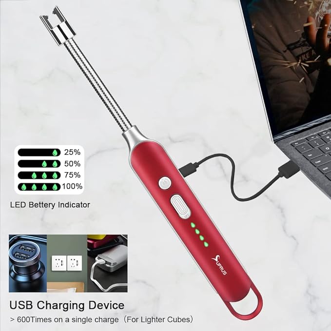 SUPRUS Electric Rechargeable Arc Lighter with LED Battery Display Long Flexible Neck USB Lighter for Candle Cooking (Red)