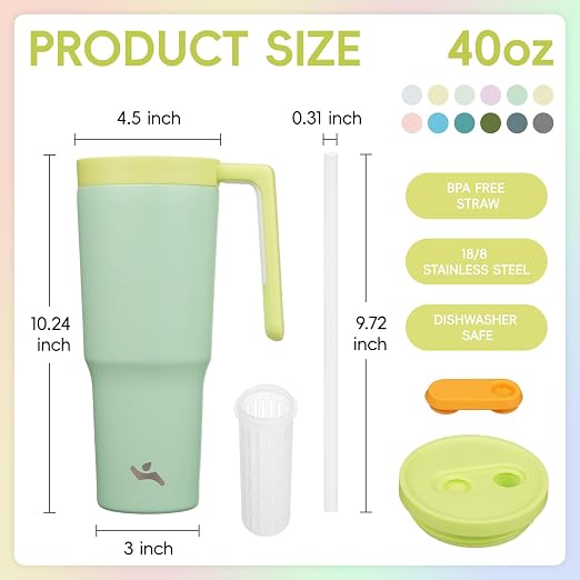 Konokyo 12 Pack 40 Oz Tumblers with Handle and Straw, Bulk Vacuum Insulated Stainless Steel Travel Mugs with Lids for Office, Events and Group Orders Lime