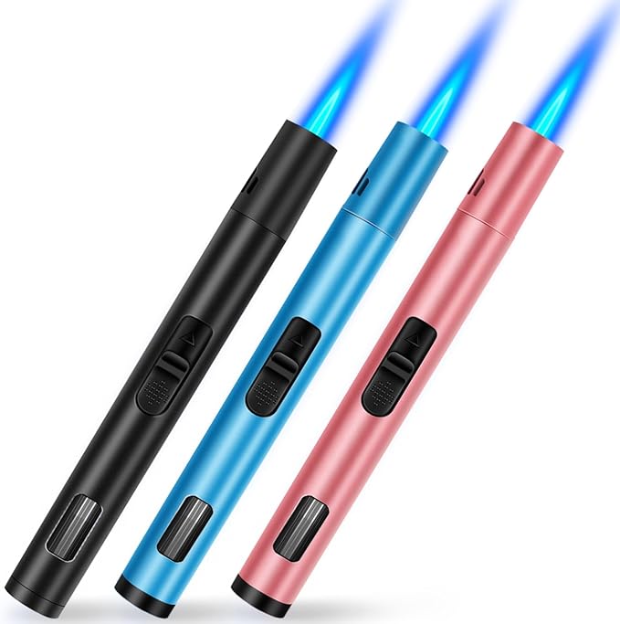 LcFun Torch Lighters 3 Pack Refillable Butane Lighter with Visible Fuel Window, Windproof Adjustable Jet Flame Long Lighters for Candle, Grill, BBQ, Camping, Fireworks (Butane NOT Included)