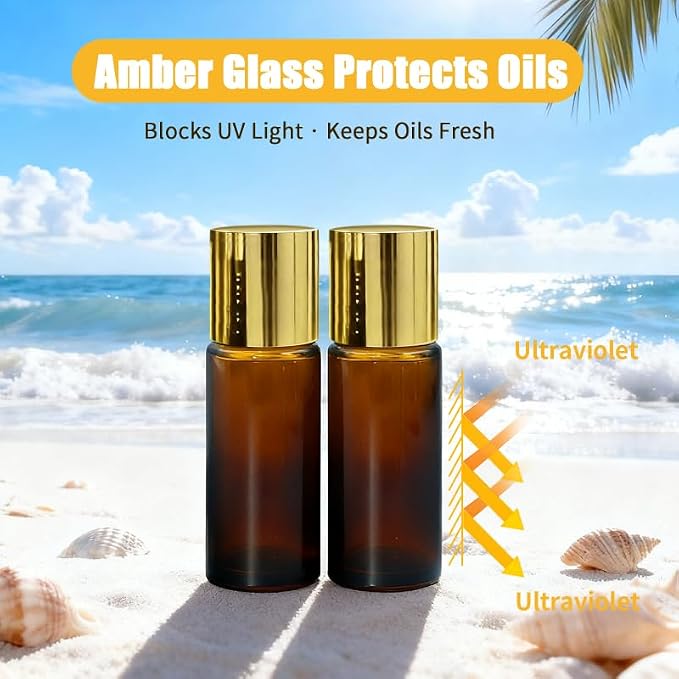 Rose Quartz & Amethyst Roller Bottles for Essential Oils, 50ml Refillable Amber Glass Roll On Bottles with Natural Crystal Roller Balls, Leak-Proof Travel Perfume Bottle with Gold Caps