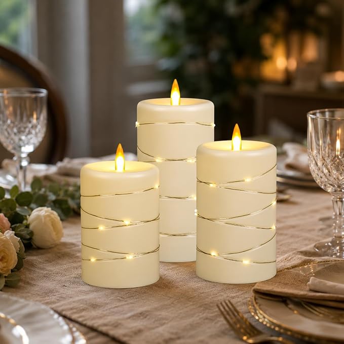 Upinmz Flickering Flameless Candles with String Lights, Battery Operated Candle, LED Candles Unbreakable Acrylic Candles with Remote Control and Timer -3 Pack Ivory White