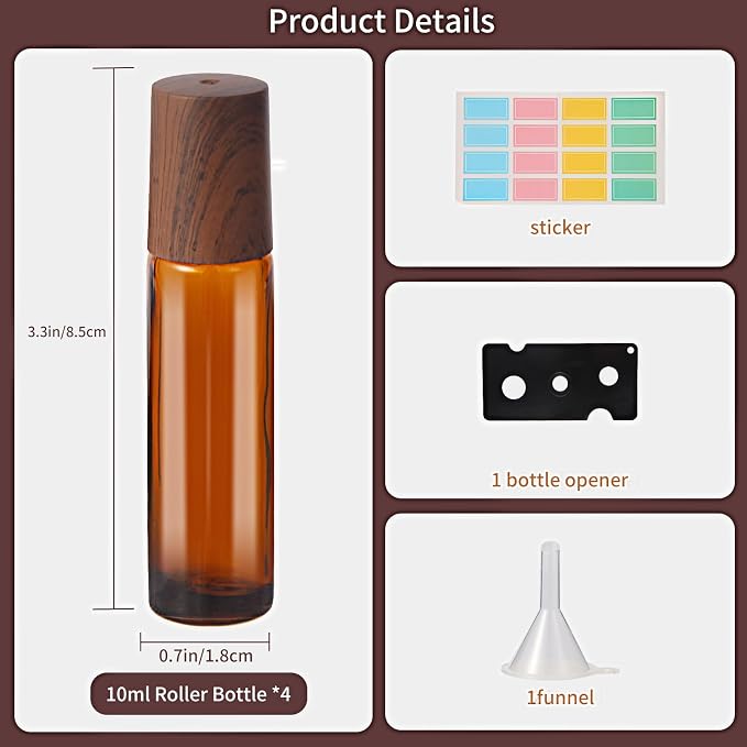 Hyber&Cara 10ml Glass Roll-on Bottles – 6-Pcs Essential Oil Roller Bottles with Stainless Steel Roller-Balls, Perfect for Fragrance & Aromatherapy (Includes 2 Bottle Opener, 1 Sticker, and 2 Funnel)