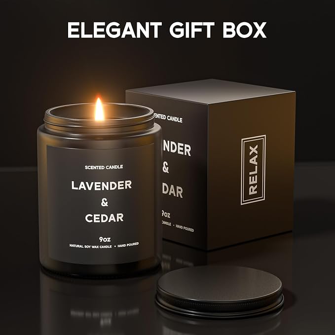 VEGISHINE Lavender＆Cedar Candle, 9oz Scented Candle for Men, Scented Candles for Home, Soy Candle Gifts for Men, Personalized Blessing Minimalist Men's Scented Candle