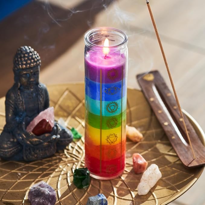 Simply Soson 2x8 inch 7 Chakra Candle Unscented Devotional Candle in Glass Jar - Set of 3 – Glass Prayer Candle - Promotes Positive Energy, Meditation & Relaxation