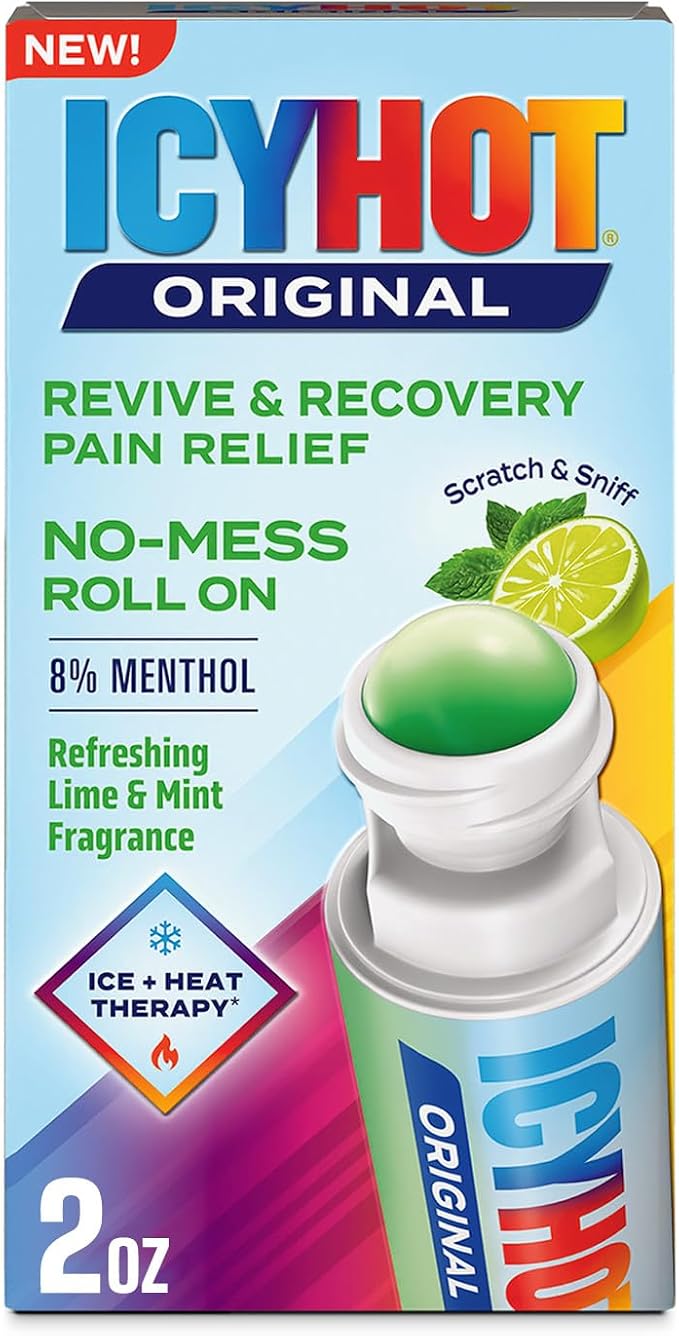 Icy Hot Original Pain Relief Revive & Recovery No-Mess Roll-On Applicator, Fast-Acting Pain Relief with 8% Menthol for Backaches, Joints, Muscle Strains and Arthritis, Refreshing Lime & Mint, 2 oz
