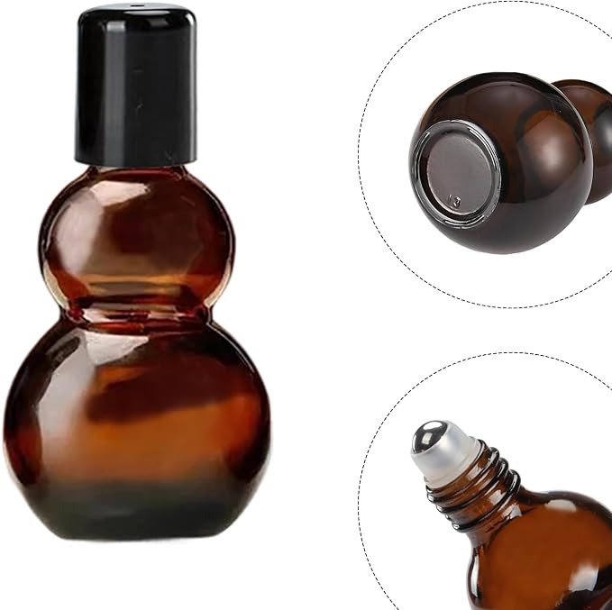 Essential Oil Roller Bottles, Amber Gourd Shaped Glass Roller Bottles with Stainless Steel Roller Ball, for Travel,Perfume (Amber-Black Cap, 100ML)