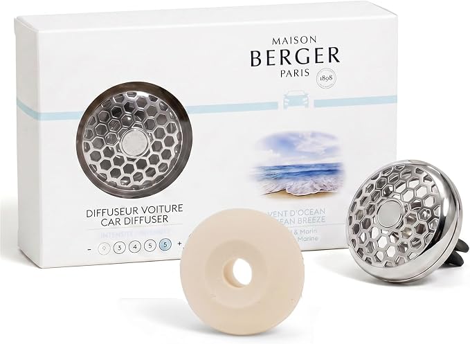 MAISON BERGER Car Diffuser Set, Ocean Breeze | Marine Rose Musk Notes, Refillable Vent Clip with Ceramic Refill, Passive 4-Week Diffusion, Made in France