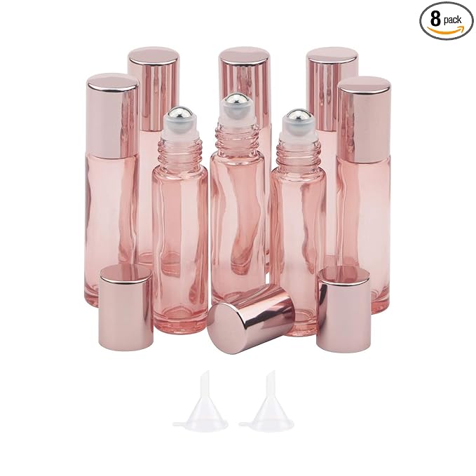 8 Pack 10mL(1/3 oz) Glass Roller Bottles for Essential Oils & Perfume, Rose Gold Roll On Vials with 2 Funnels, Travel Refillable Leak Proof Rollerball Applicator, DIY Craft Pretty Containers