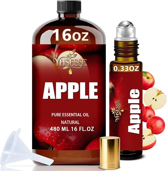 Apple Essential Oil, Apple Oil 16 Fl Oz 480ml for Diffuser Yoga Soap & Candle Making – with 0.33 Oz Roller Ball & Funnel YHSESSE Essential Oils