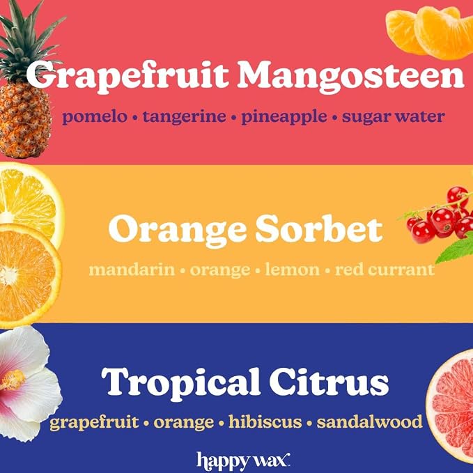 Happy Wax Citrus Mix Natural Soy Wax Melts - 6oz Total - Three 2oz pouches including Tropical Citrus, Orange Sorbet & Grapefruit Mangosteen