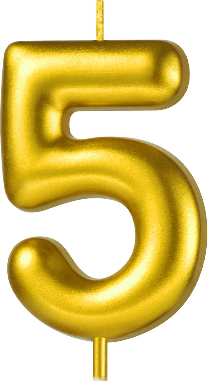 2.76“ Gold 5 Candle 5th Birthday Party Decorations, Fifth Birthday Candle Gold Number Candles for Five Year Old Birthday Cake Decoration for Girls Boys, Number 5 Candle 5 Cake Topper for Cakes