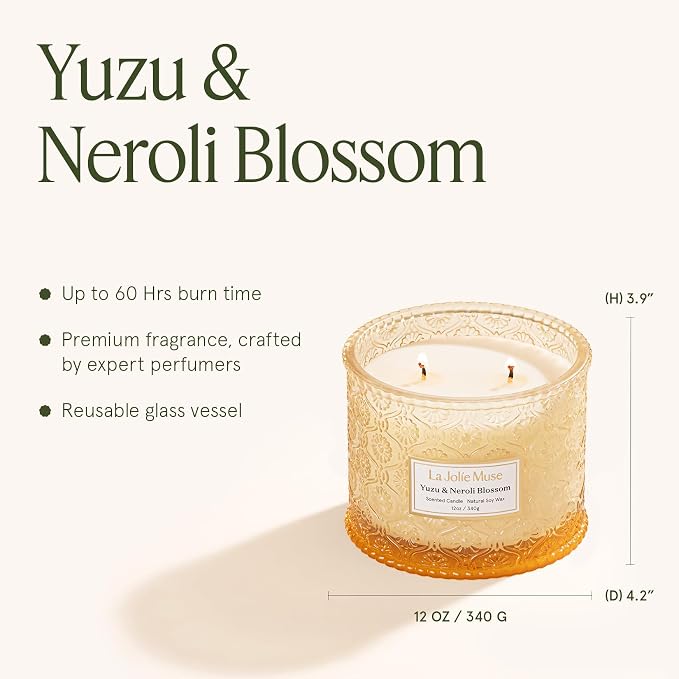 LA JOLIE MUSE Yuzu & Neroli Scented Candles for Home, Natural Soy 2-Wick | Large Jar Luxury Fresh Candle, Clean Non Toxic, Gifts for Women & Men, Spring Summer Candles, Pretty Candle, Citrus Orange