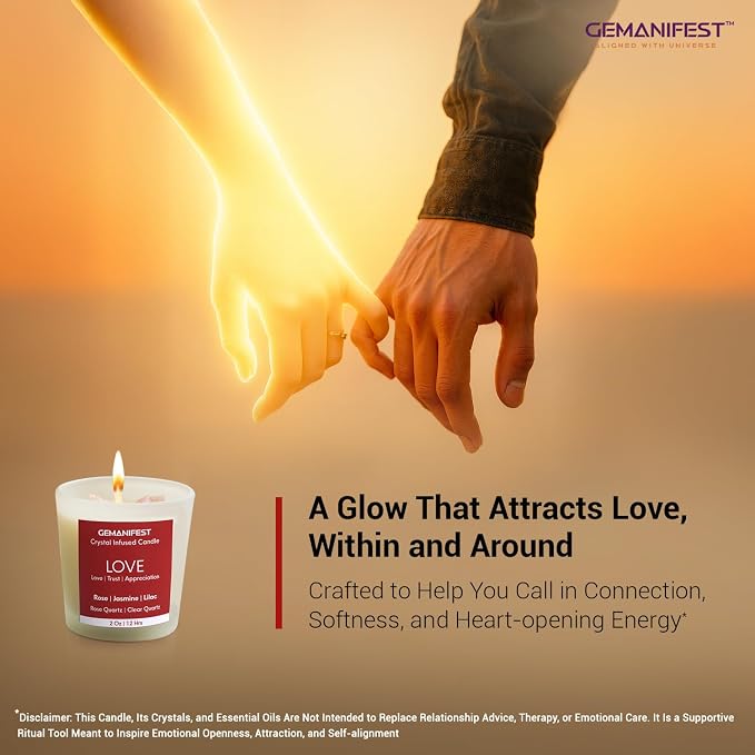 Love Manifestation Crystal Candle, Love Relationships Rose Jasmine Lilac Scented, Soy Candle, Valentine's Gift for Her/Him, Women's Wellness