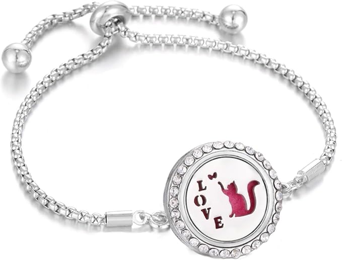 I Love Cat Essential Oil Diffuser Bracelet for Cat Lover Stainless Steel Kitten CZ Aromatherapy Locket Scent Bracelet with 10 Refill Pads