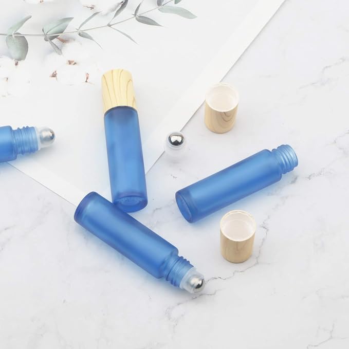 Kesell 10Pcs 10ml Glass Roll On Bottles Portable Essential Oil Roller Bottle with Plastic Lid Refillable Small Perfume Vials with Stainless Steel Roller Ball Refillable Travel Size Bottles for DIY