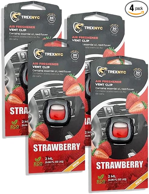 Car Air Fresheners Vent Clips, Essential Odor Eliminator, Perfect Scented Accessories, Long Lasting Strawberry Fragrance Up to 30 Days, 0.07 FL.OZ (4 Packs)