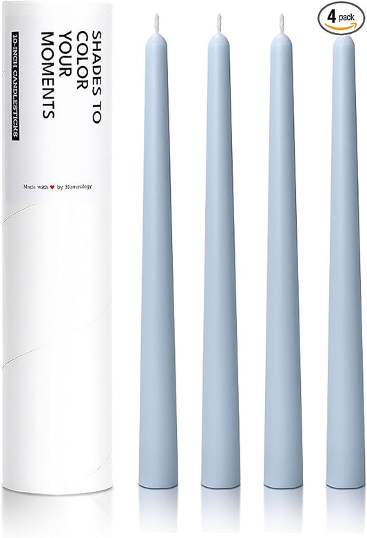 10" Classic Taper Candles, Dusty Blue, 4-Pack, 7-8 Hours Long Burning, Unscented Tall Candlesticks