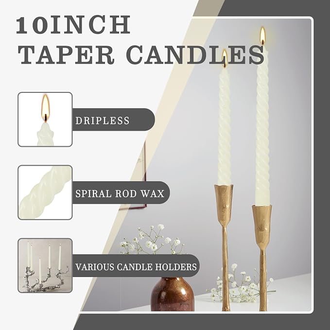 WPONSZU 10 Inch Ivory Spiral Taper Candle Set of 12 Pack Unscented Dripless Candlesticks for Valentine's Day,Dinner,Party,Brithday,Wedding,Christmas,and Home Decoration