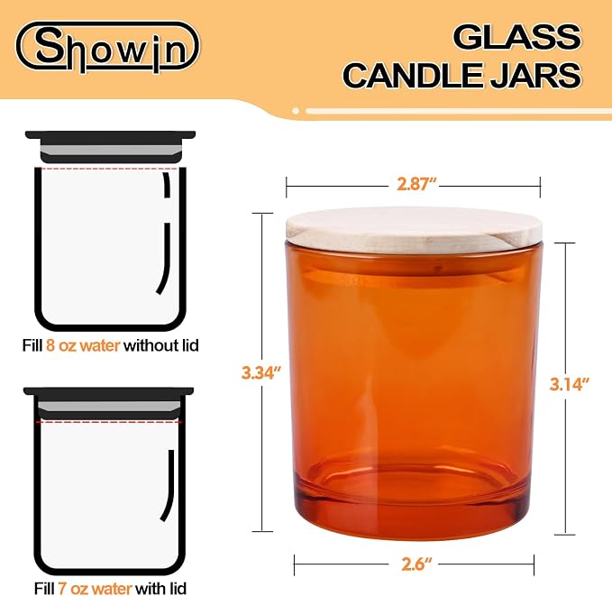 SHOWIN 8 OZ Thick Candle Jars for Making Candles 15 Pcs, Orange Empty Jars with Wood Lids for Candle Making, Sample Container,Clear Orange