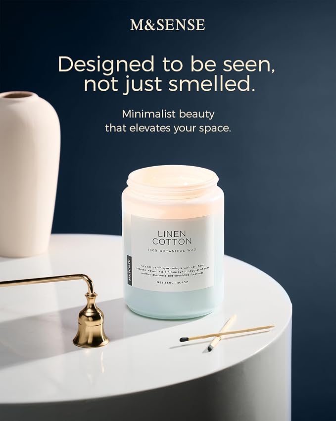 M&SENSE Fresh & Linen Cotton Scented Candles for Home, 19.4oz Natural Soy Wax, 110-Hour Long Lasting, Non Toxic Clean Cotton Scent for Laundry Day, Aromatherapy Home Fragrance Gifts for Family