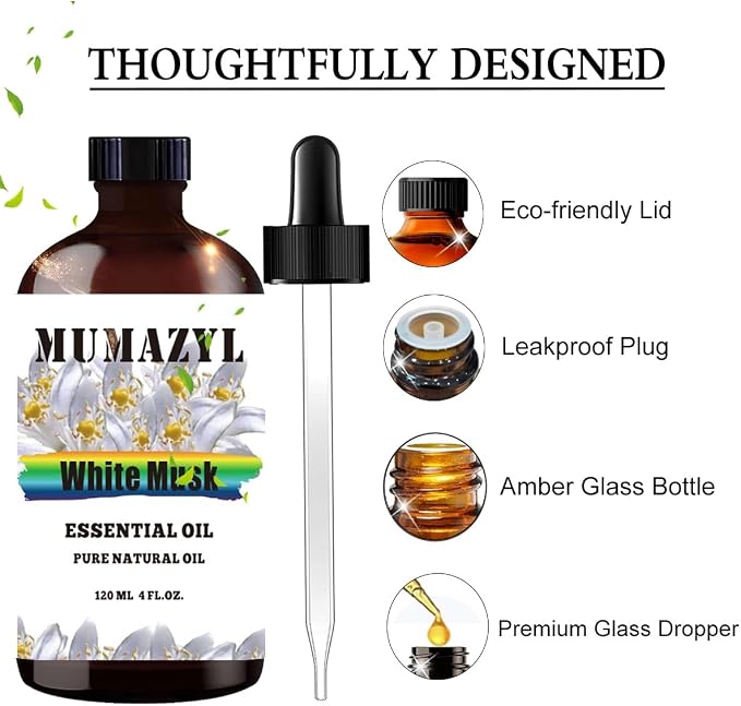 White Musk Essential Oil, White Musk Oil 4 Fl Oz 120ML for Diffuser Humidifier Yoga Cleaning DIY Candle Soap Making MUMAZYL Essential Oils
