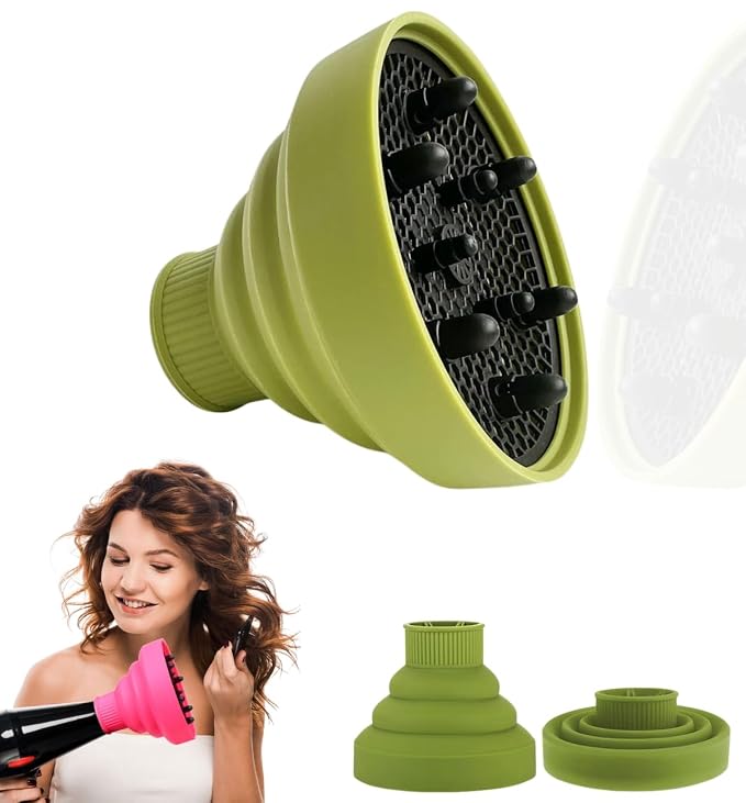 Silicone Hair Dryer Diffuser, Universal Collapsible Diffuser, Foldable Blow Dryer Diffuser for Curly Hair, Portable Hair Diffuser Styling Tool for Frizz-Free Curls & Waves (Green)