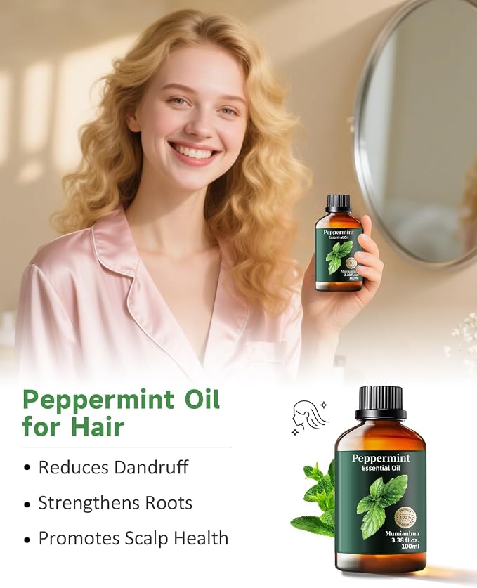 Peppermint Essential Oil, Pure Mumianhua Natural Oil for Energy Focus & Cooling Comfort, Aromatherapy for Diffuser, Outdoor Protective Barrier, Skin, Hair, Natural Cleaning – 3.38 Fl Oz