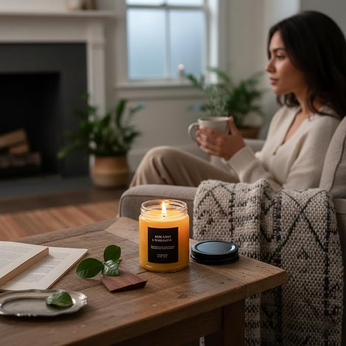 Bergamot & Mahogany Scented Candle 6.5oz – CW Studio Color-Sprayed Glass Jar, Citrus & Rich Wood Aroma – Masculine Unisex Gift for Men Women, Father's Day, Office & Home Décor – 30-35 Hour Burn