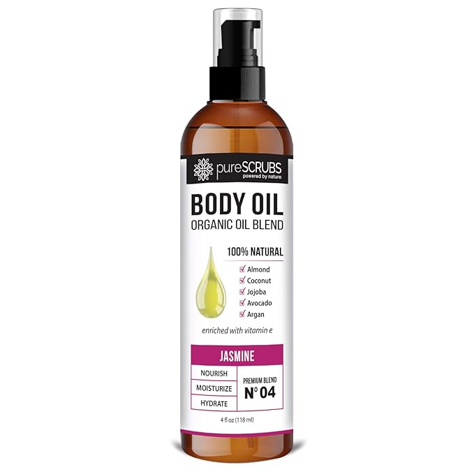 pureSCRUBS Ultra Moisturizing Jasmine Body Oil for Dry Skin, Lightweight Full Body Moisturizer for Soft, Silky Skin, Massage & Cuticle Oil, Vitamin E Enriched, 4 oz