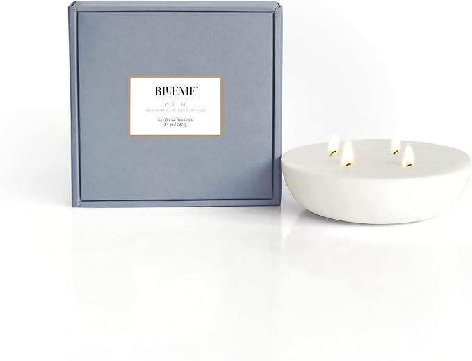 Blueme Calm Candle Refill | Osmanthus & Sandalwood | 4 Wick - Contains Essential Oil, Sustainable, Hand Finished, Hand Poured, Luxury Refill, Natural Cotton Wick, Soy-Wax Blend | Large 24 oz