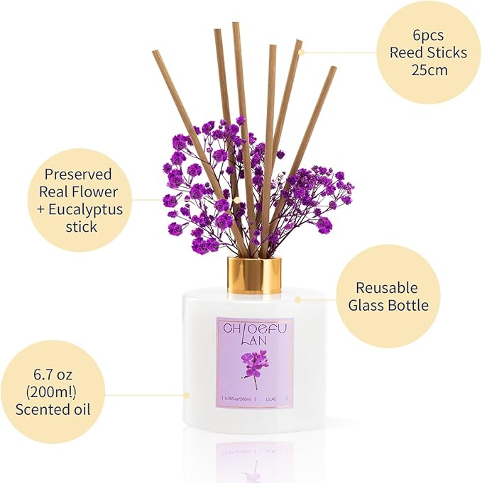 Lilac Diffuser, 6.7 oz Natural Essential Scented Oil with Diffuser Sticks, Best for Bathroom Decor, Living Room Decor, Home & Office Decor, Aromatherapy Diffuser Oil Gift Set
