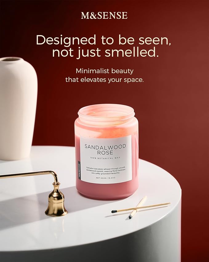 M&SENSE Sandalwood Rose Scented Candle 19.4oz 110 Hours Long Lasting Burn Natural Soy Wax Strong Scented Candle for Home, 2 Wick Home Fragrance Slow Burning Housewarming Gifts for Men Women